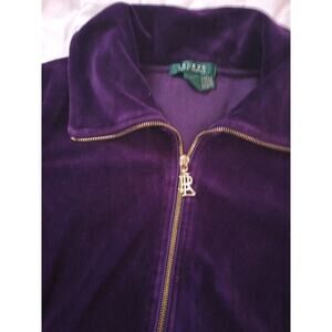 Lauren Ralph Lauren Women's Velvet Jacket Purple Sz M Full Zip Gold Pockets